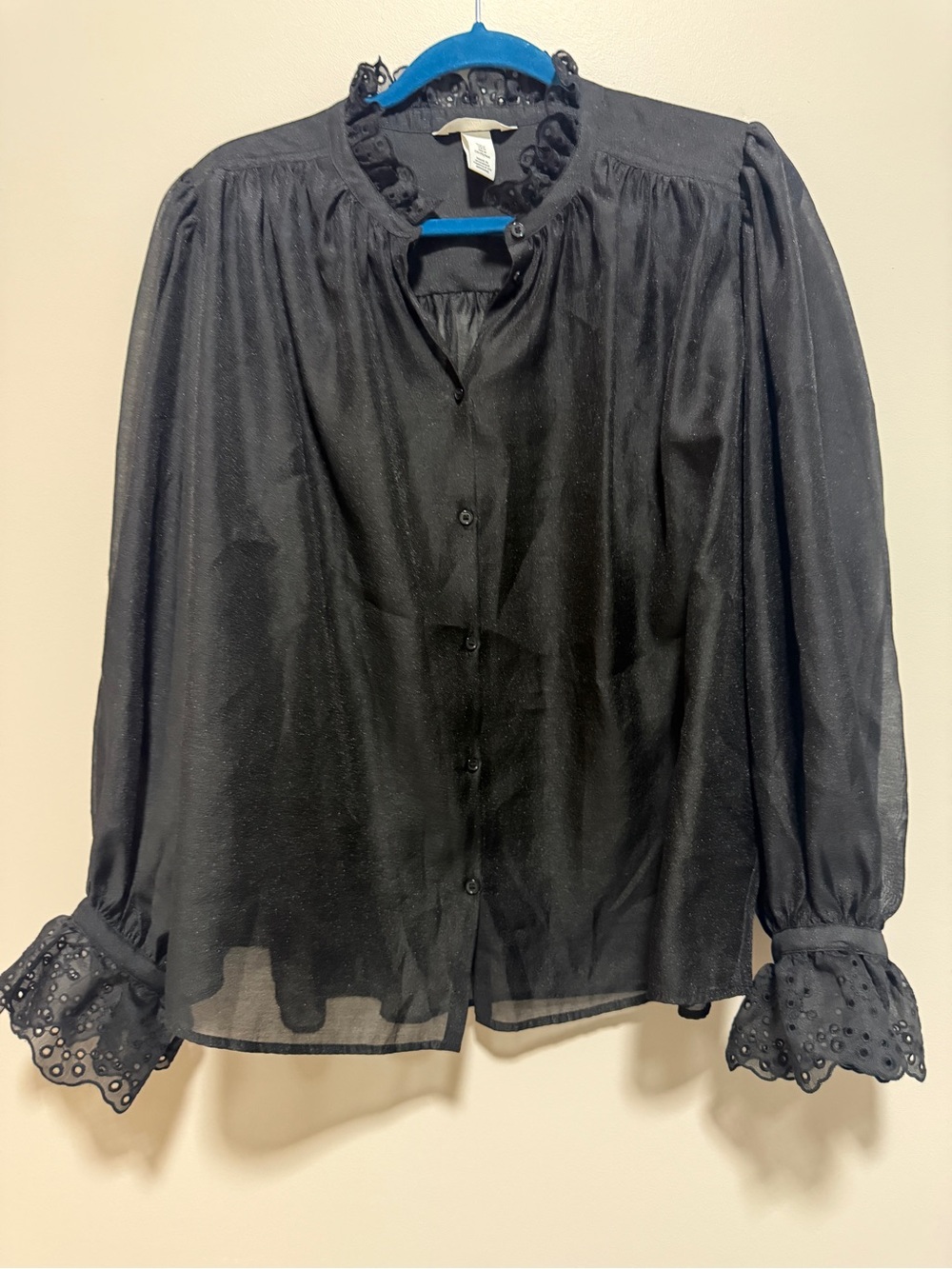 H&M Black Sheer Eyelet Lace Blouse Women’s Medium Victorian Puff Sleeve Goth